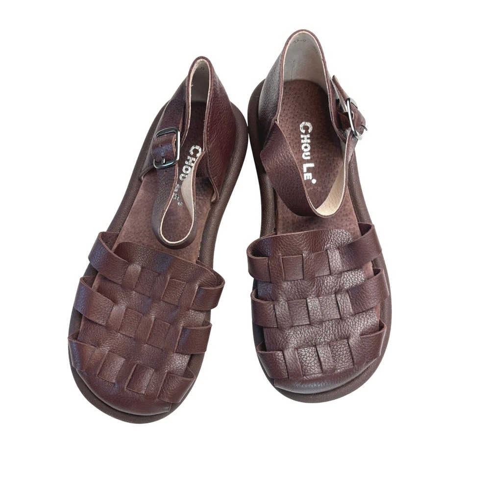Chou Le Fisherman Sandals Brown Women Size 40 Pebbled Leather Woven Cage Buckle